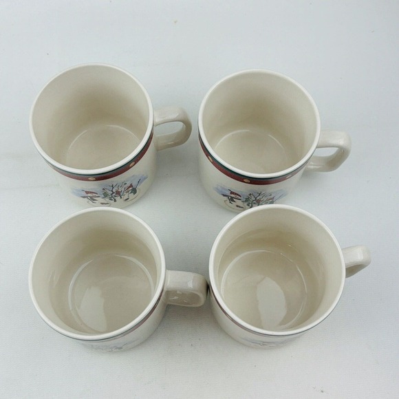 Royal Seasons Snowmen 4 Mug Lot 3.25" Cup Red‎ Band Dots Green Trim Stoneware - Picture 3 of 10